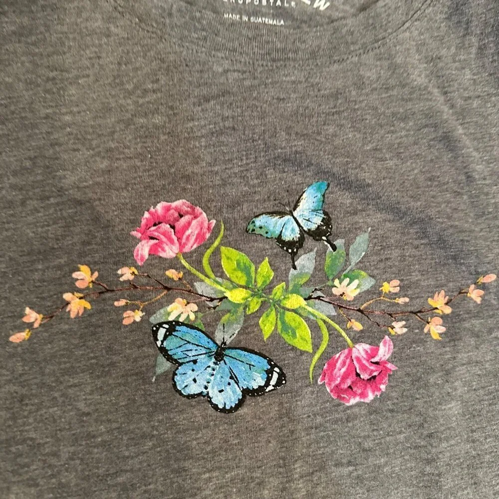 AEROPOSTALE GRAY CLASSIC CREW T SHIRT BLUE BUTTERFLIES WOMENS MEDIUM